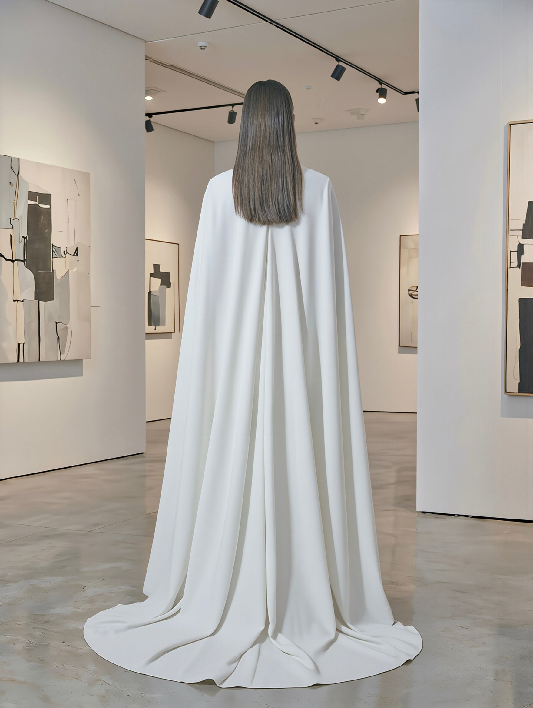 Minimal Atelier Calliste cape in size S-XXXL, shown draped on a mannequin with a sleek, modern design in neutral fabric.