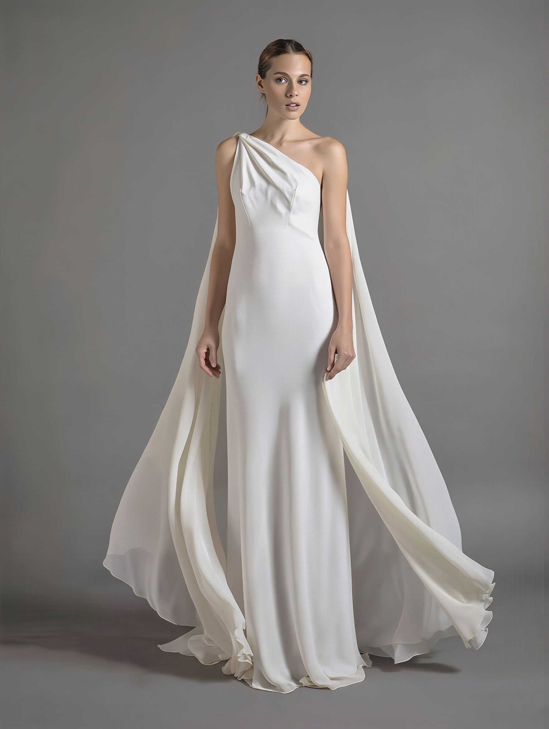 Petra Kara Bridal one-arm chiffon cape in size S-XXXL, flowing fabric with elegant drape, suitable for wedding or formal attire.