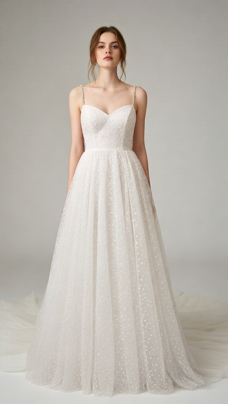 Boho wedding dress by Atelier Calliste with star embellishments, flowing fabric, and elegant design for bohemian bridal style.