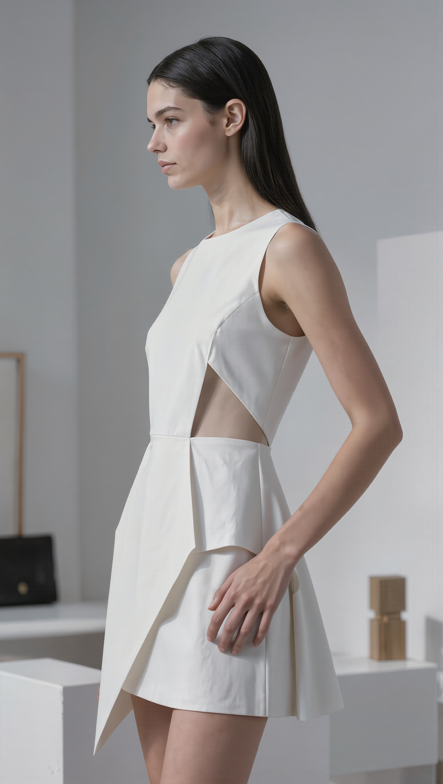 Petra Kara Origami Mini Dress in vibrant fabric, showcasing a stylish silhouette with detailed knot and pleated design.