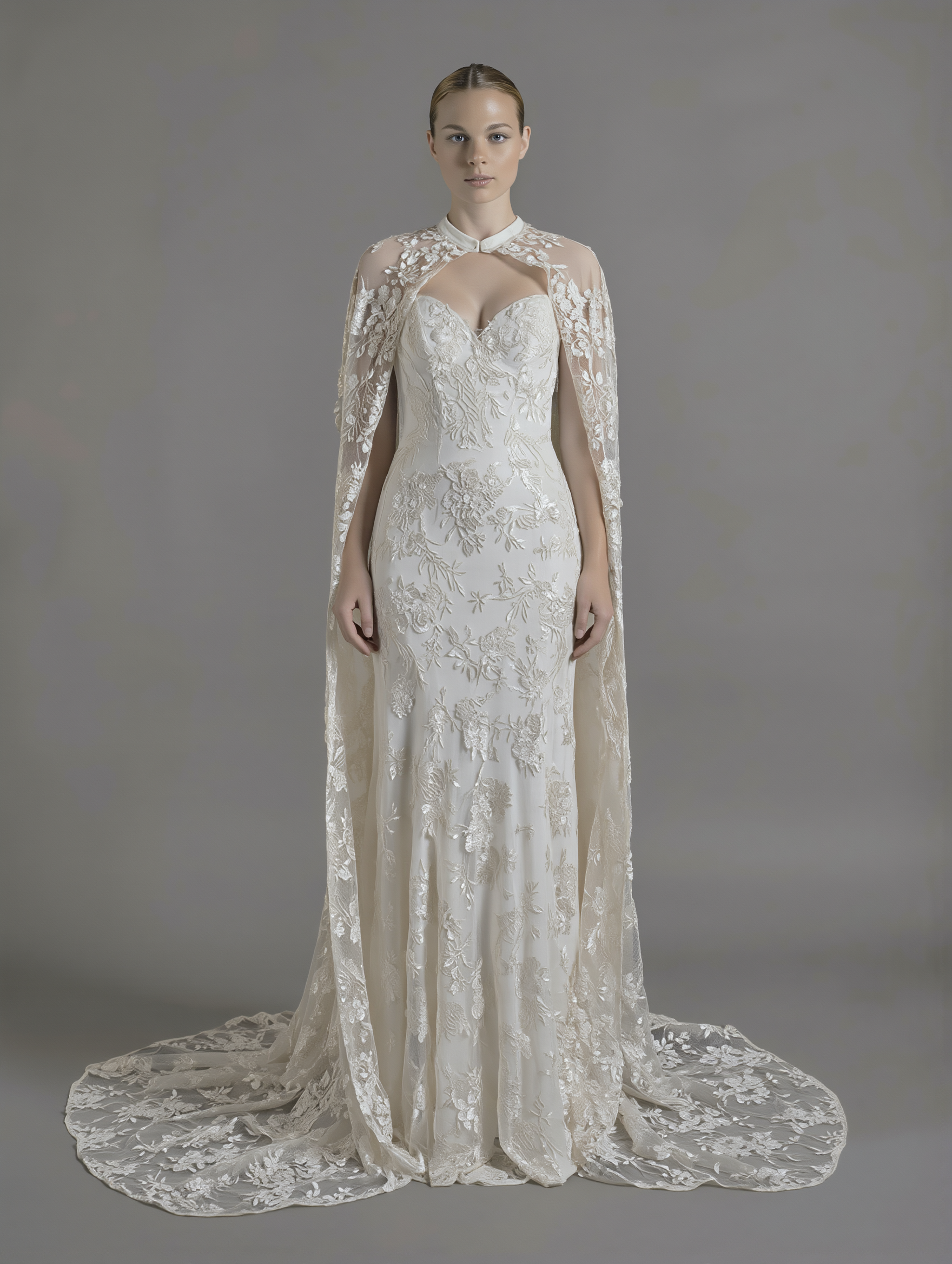 Petra Kara Bridal dramatic lace cape in size S-XXXL, featuring intricate lace details and elegant drape for formal occasions.