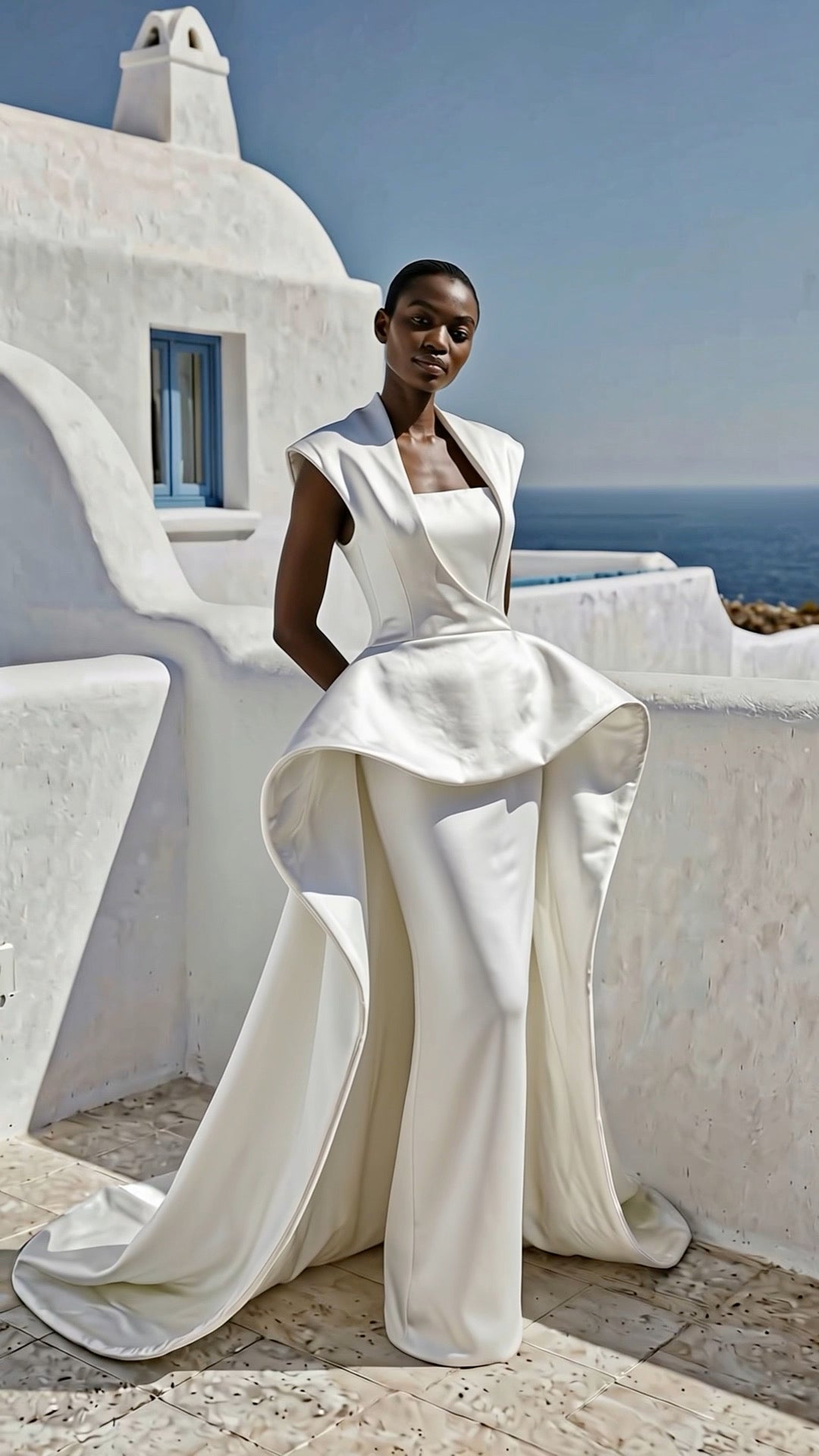 Petra Kara solar architectural dress featuring flowing fabric and modern design, displayed on a mannequin.