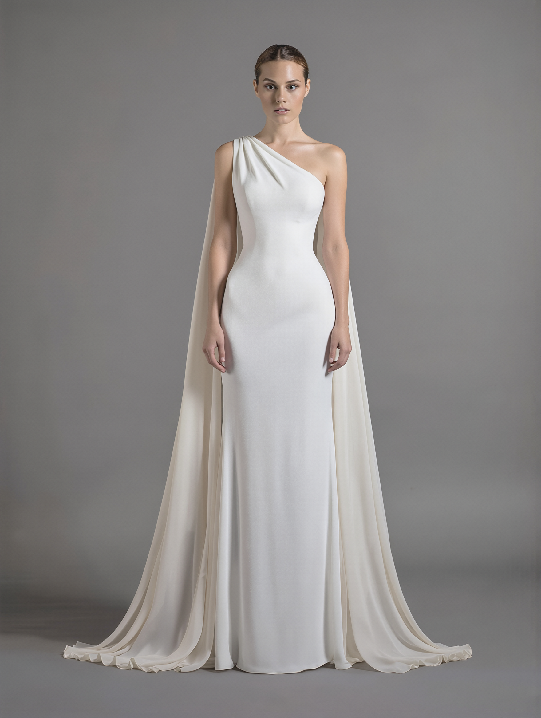 Petra Kara Bridal one-arm chiffon cape in S-XXXL size, flowing elegant fabric with draped design, perfect for bridal or formal wear.