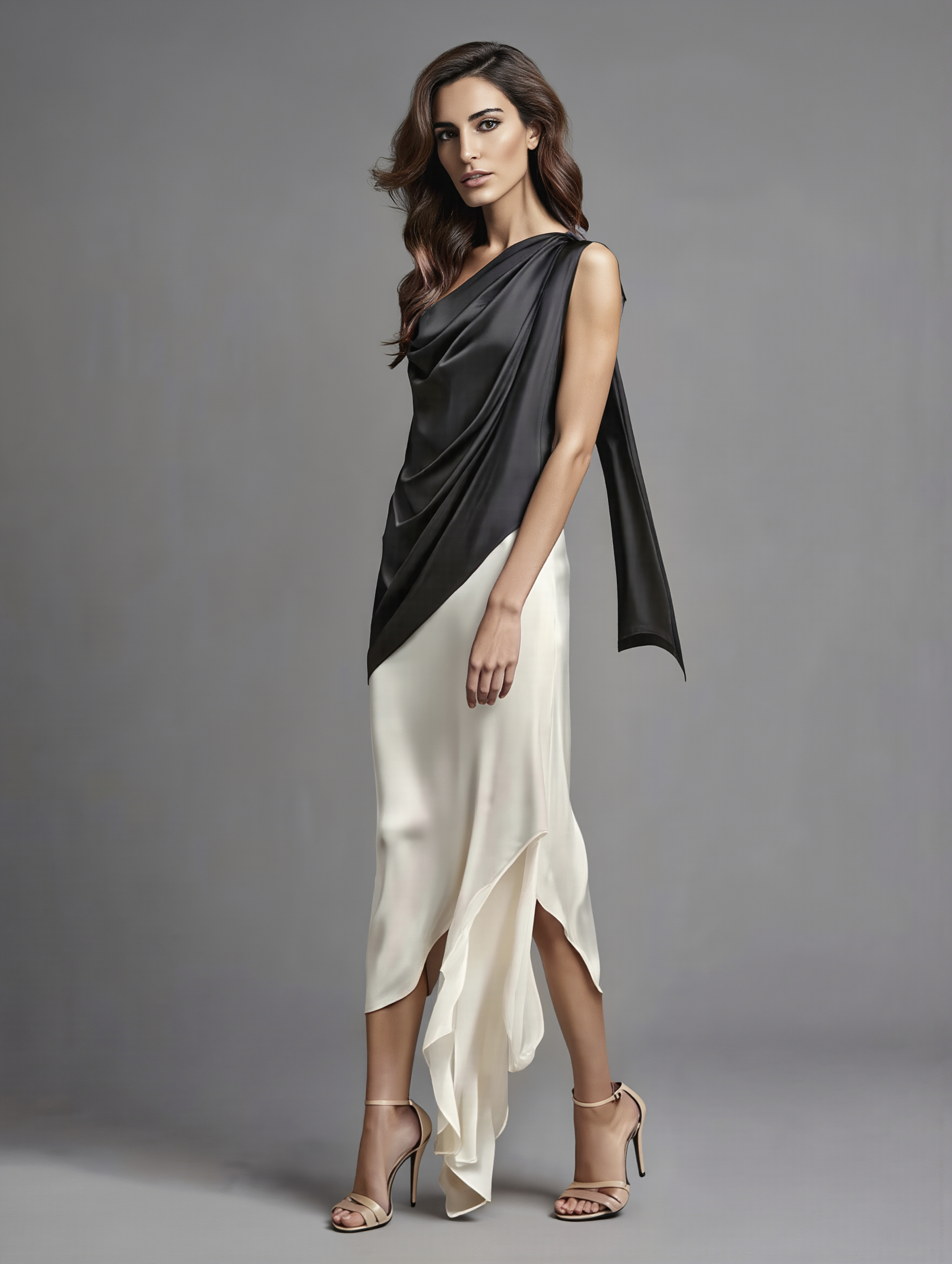 Demi black and ivory midi dress by PETRA KARA BRIDAL, featuring elegant fabric and a stylish mid-length design.
