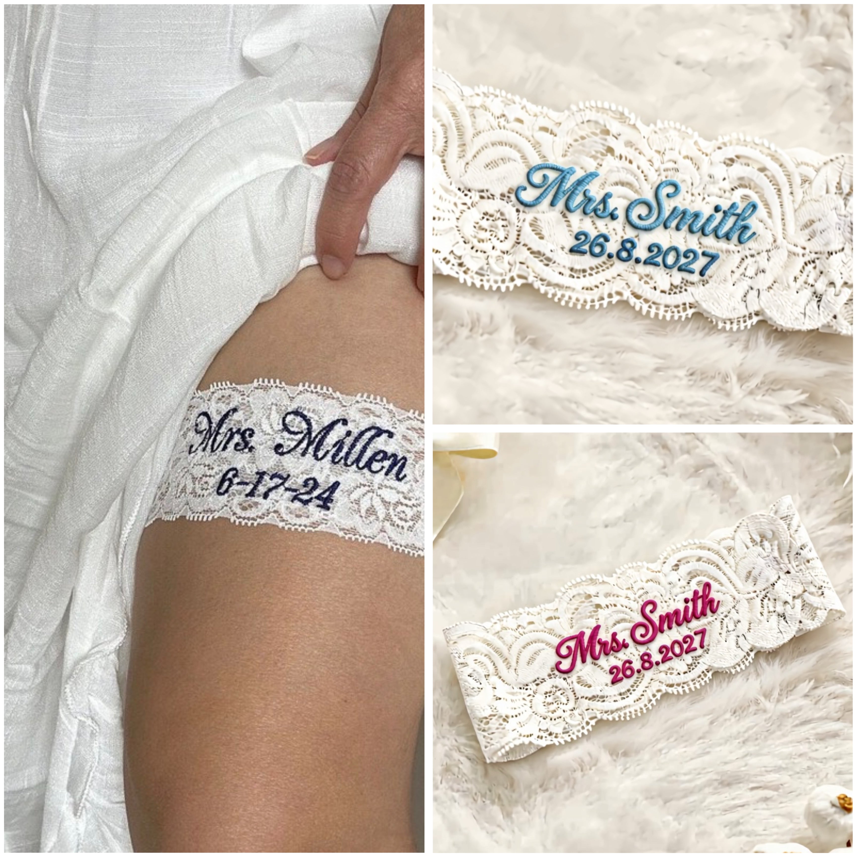 Personalized bridal garter with lace and satin ribbon from PETRA KARA BRIDAL, featuring custom embroidery and delicate floral details.
