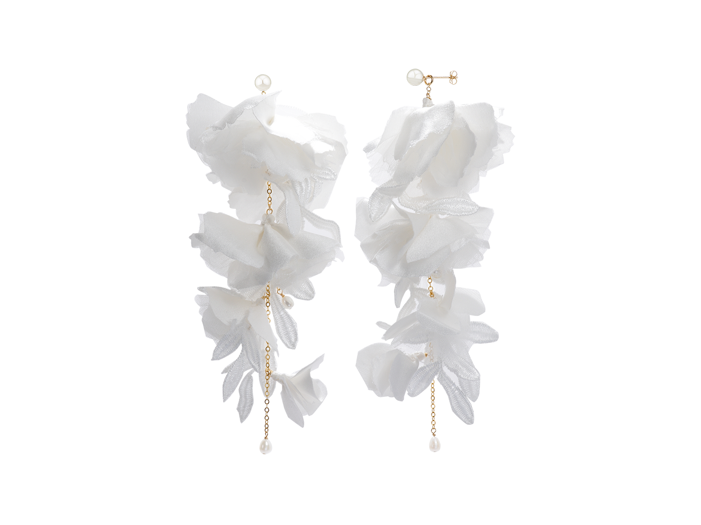 Adrielle earrings by PM Atelier, long silk flower statement earrings perfect for brides, featuring ethereal and dreamy design.