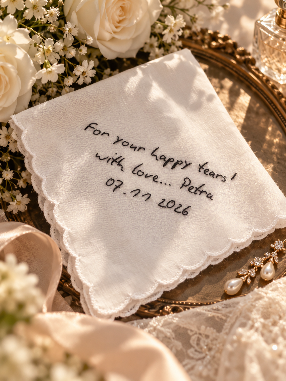 Personalized embroidered cotton wedding or love keepsake by Petra Kara Bridal, featuring custom embroidery on soft white fabric.
