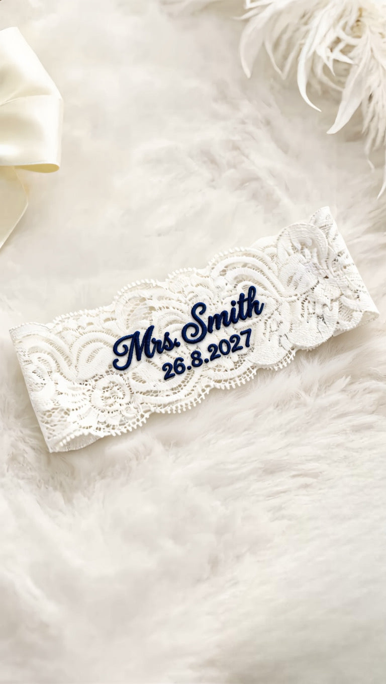Personalized bridal garter by PETRA KARA BRIDAL with delicate lace and satin ribbon, designed for wedding day accessories.