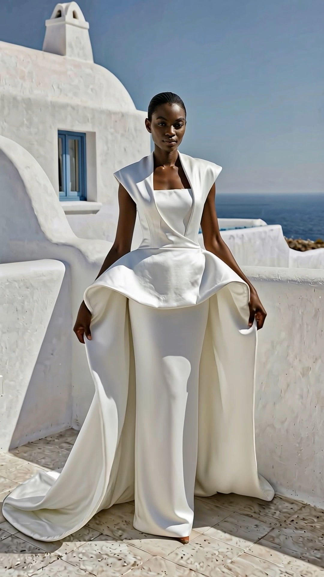 Elegant Petra Kara solar architectural dress with intricate design and flowing fabric, showcasing modern fashion style.