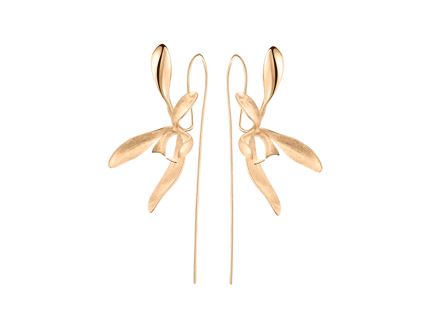 Gold orchid bloom earrings by PM Atelier featuring intricate floral design and elegant dangle style for women.