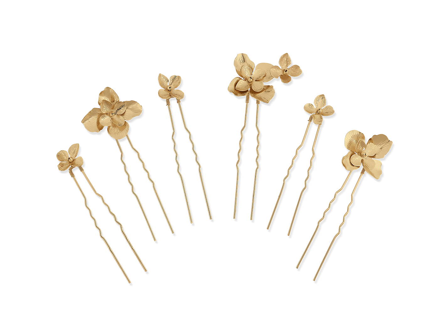 Set of six gold or silver floral bridal hair pins by PM Atelier, elegant modern accessories for wedding hairstyles.