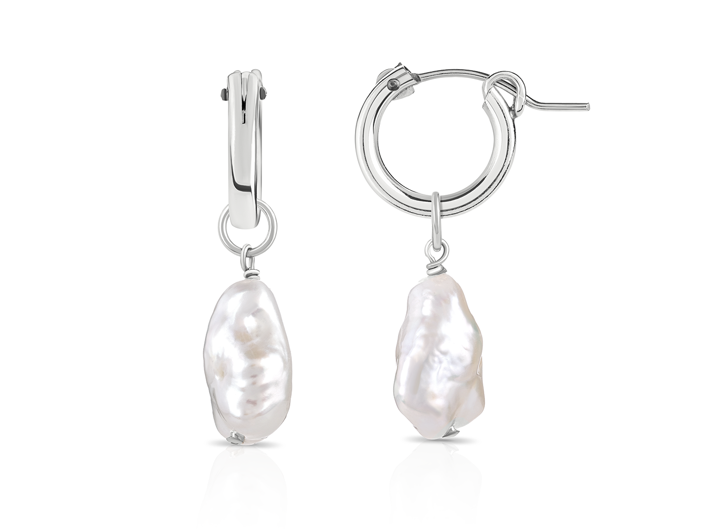 Silver Alyssa Baroque Pearl Organic Drop Mini Huggies earrings by PM Atelier, featuring small pearl drops on sleek hoop earrings.