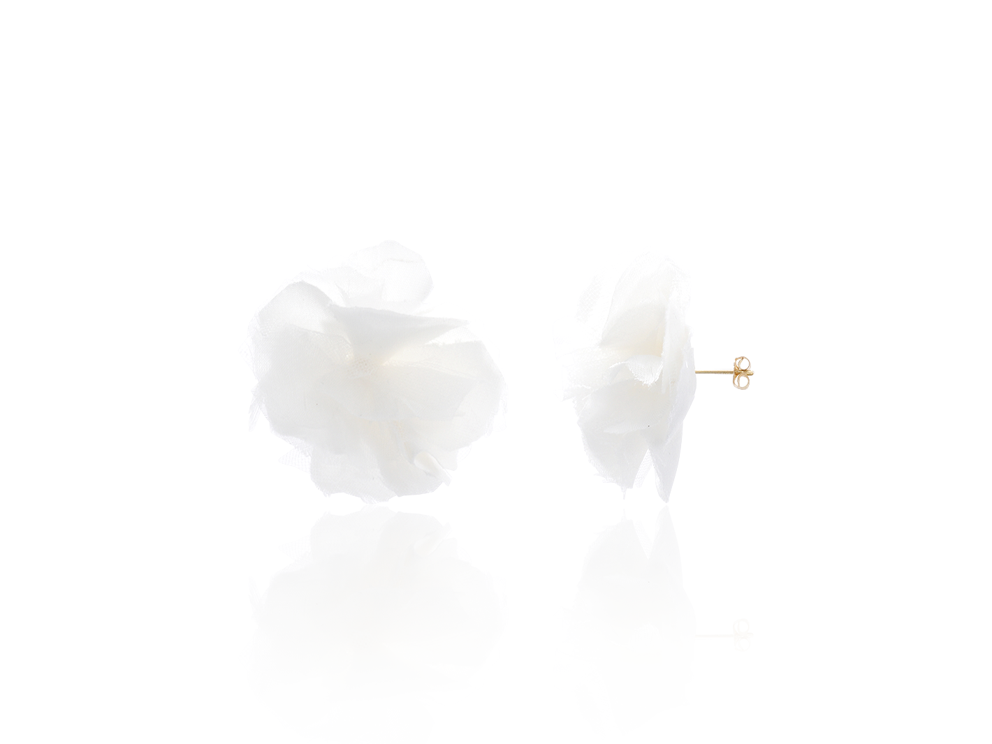 Adrielle real silk flower stud earrings by PM Atelier, elegant bridal earrings with delicate silk flowers and gold accents.