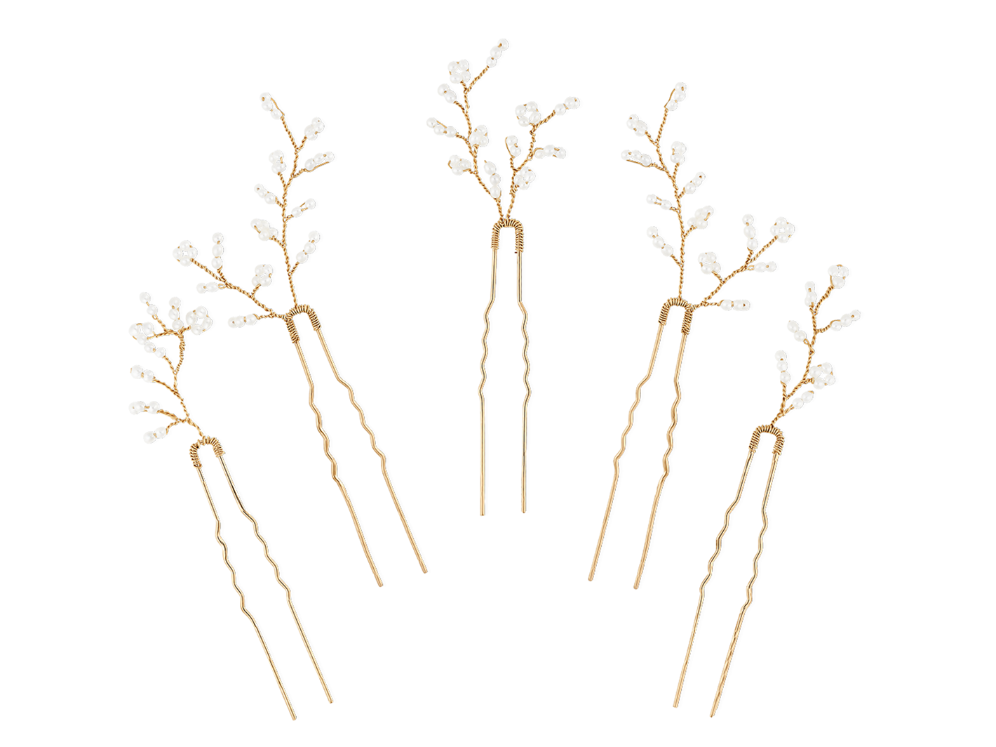 Set of five pearl leaf bridal hair pins by PM Atelier in gold or silver, featuring delicate floral design for elegant wedding hairstyles.