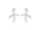 Golden flower earrings with round freshwater pearl, stylish silver drop earrings by PM Atelier.