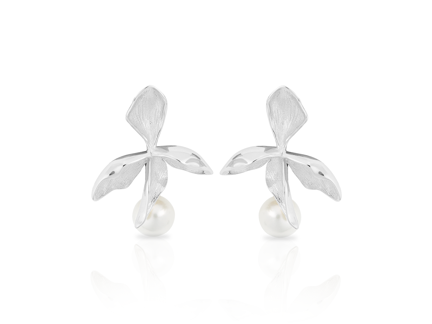 Golden flower earrings with round freshwater pearl, stylish silver drop earrings by PM Atelier.