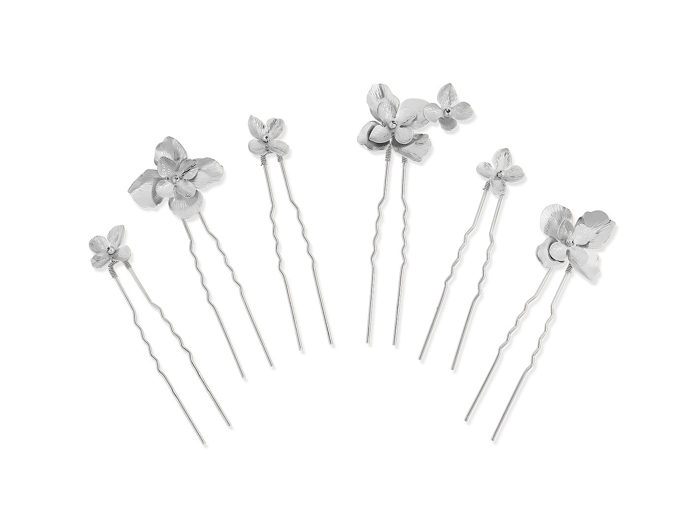 Silver flower bridal hair pin set with six elegant pins featuring delicate floral designs for modern wedding styles.