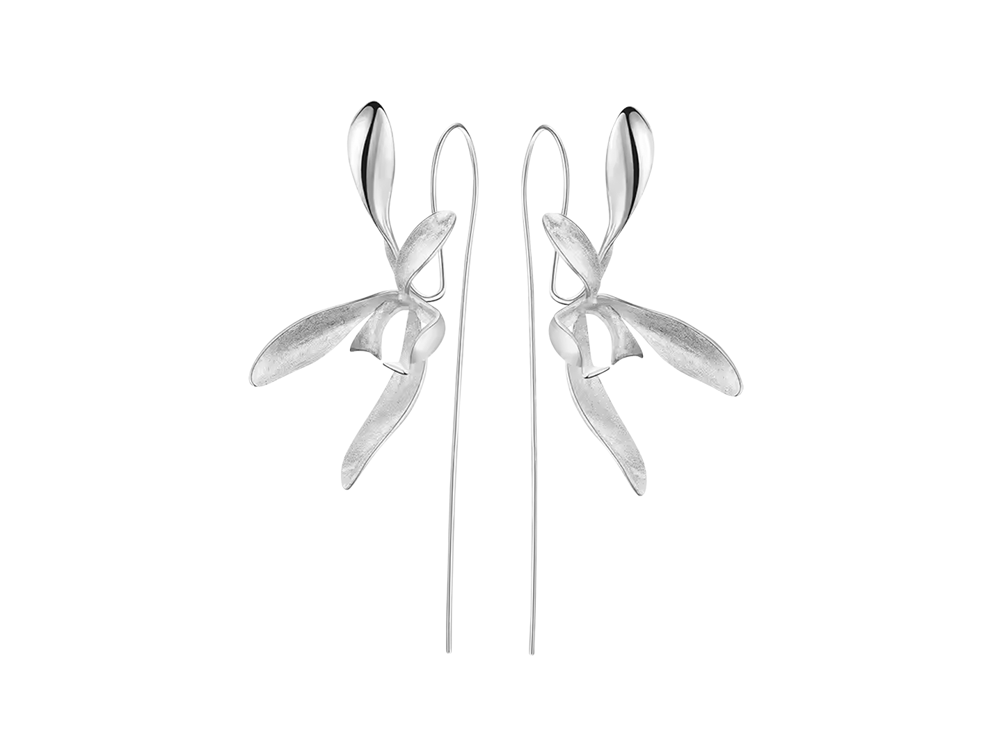 Silver orchid bloom earrings from PM Atelier featuring delicate floral design and elegant craftsmanship