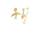 Golden flower drop earrings with round freshwater pearl from PM Atelier, featuring delicate floral design and elegant pearl accents.