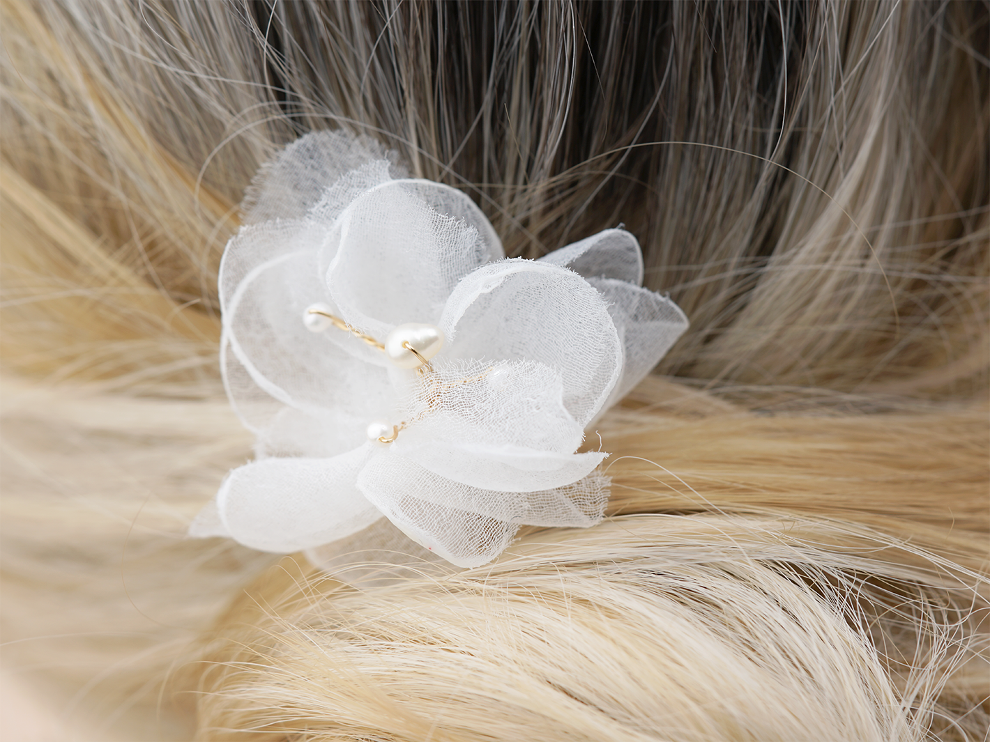Nymphea sheer flower bridal hair pin by PM Atelier with delicate floral design for wedding hairstyle accessories.