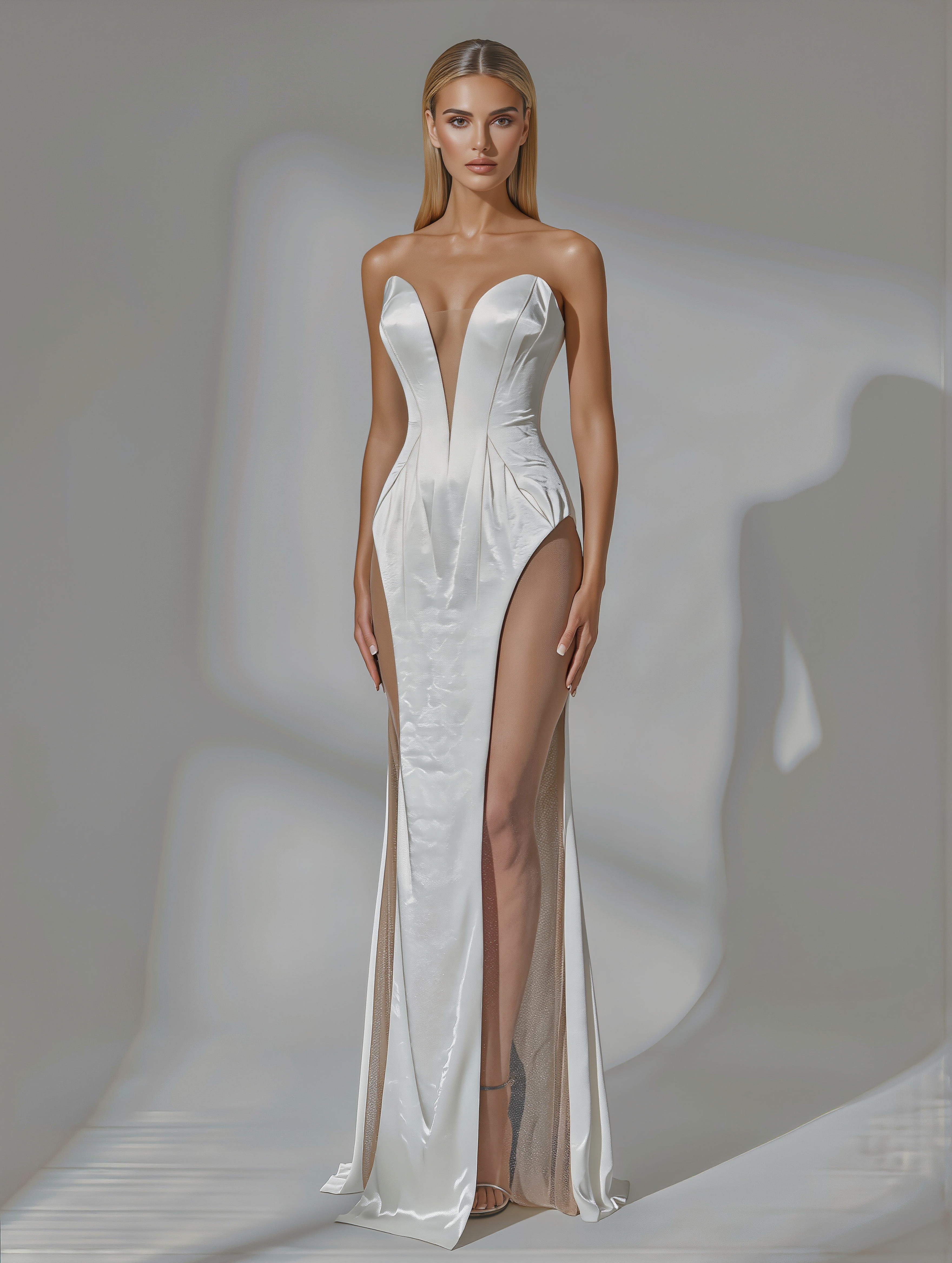 Petra Kara Aelia lace gown displayed on a model, showcasing intricate lace details and elegant silhouette.