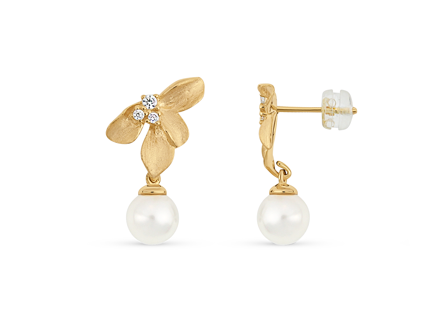 Small floral earrings by PM Atelier featuring freshwater pearl pendants and gold-tone accents, perfect for elegant everyday wear.