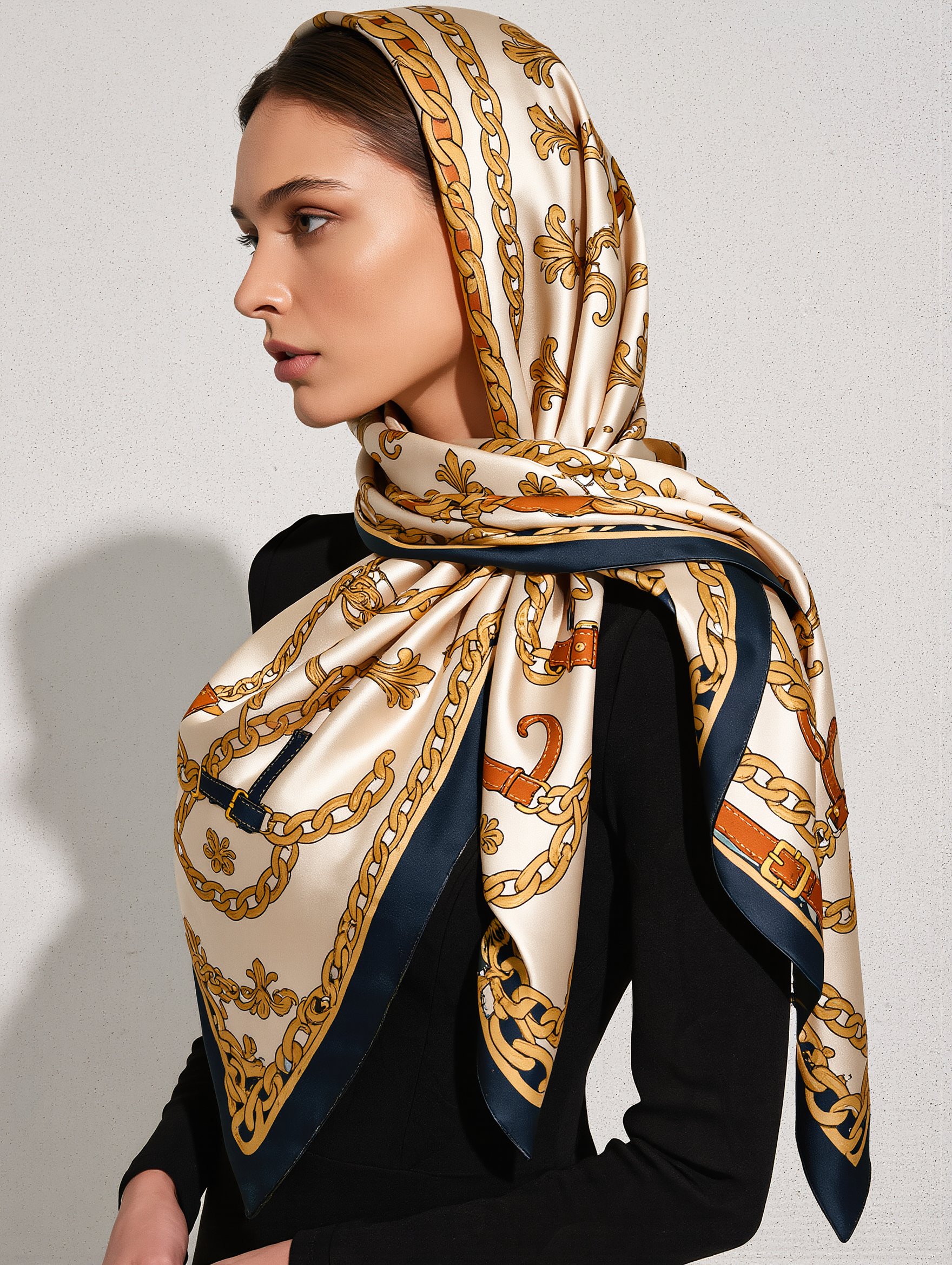 Petra Kara Limited horse-themed silk scarf from the Horse Collection, featuring elegant, colorful horse illustrations on smooth 100% silk.