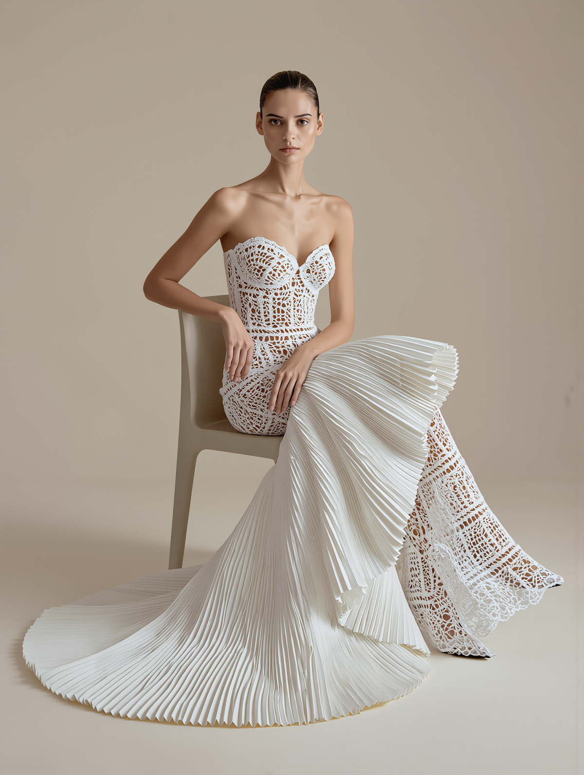 Petra Kara Bridal Labyrinth wedding dress featuring intricate lace details and a flowing train on a model.