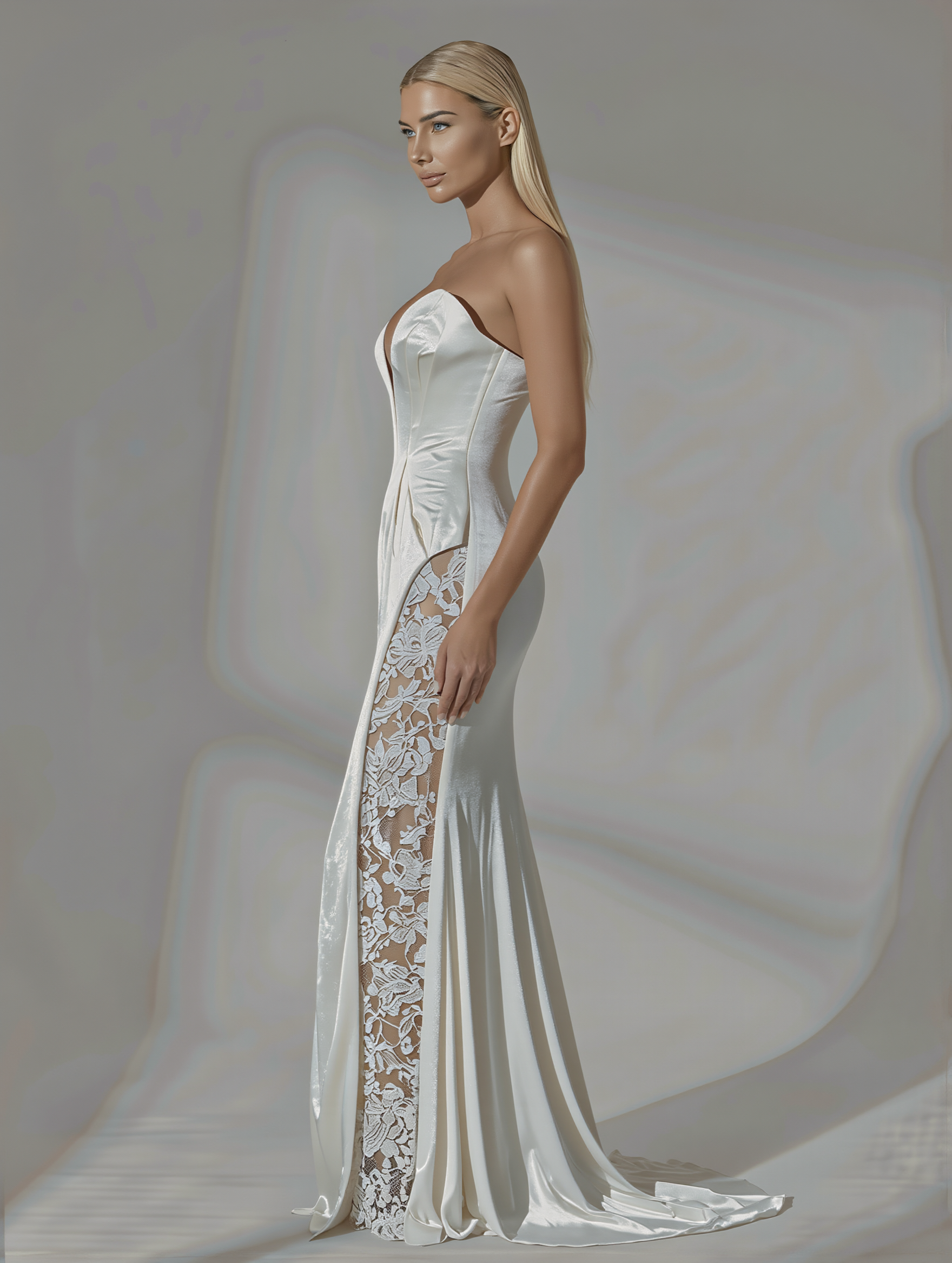 Petra Kara Aelia lace gown featuring intricate floral lace details and a flowing silhouette for elegant occasions.