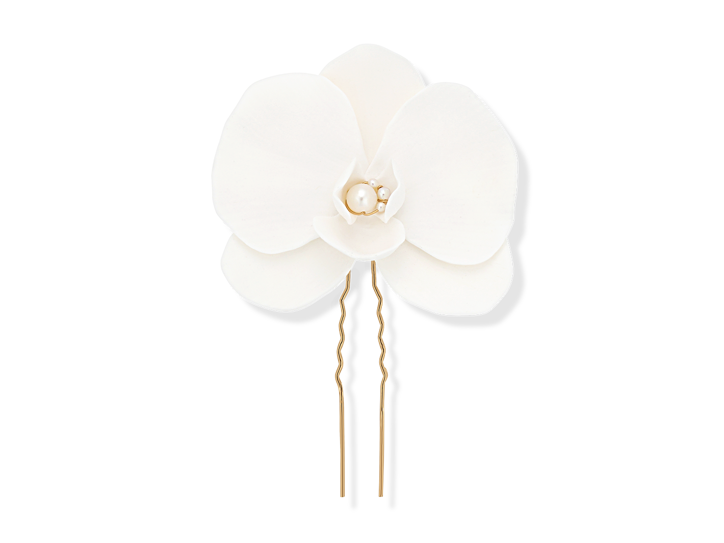 Bridal white gold orchid hair pin by PM Atelier, elegant statement accessory for bride's hairstyle.