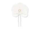 White silver orchid bridal hair pin by PM Atelier, elegant statement accessory for brides' wedding hairstyles.