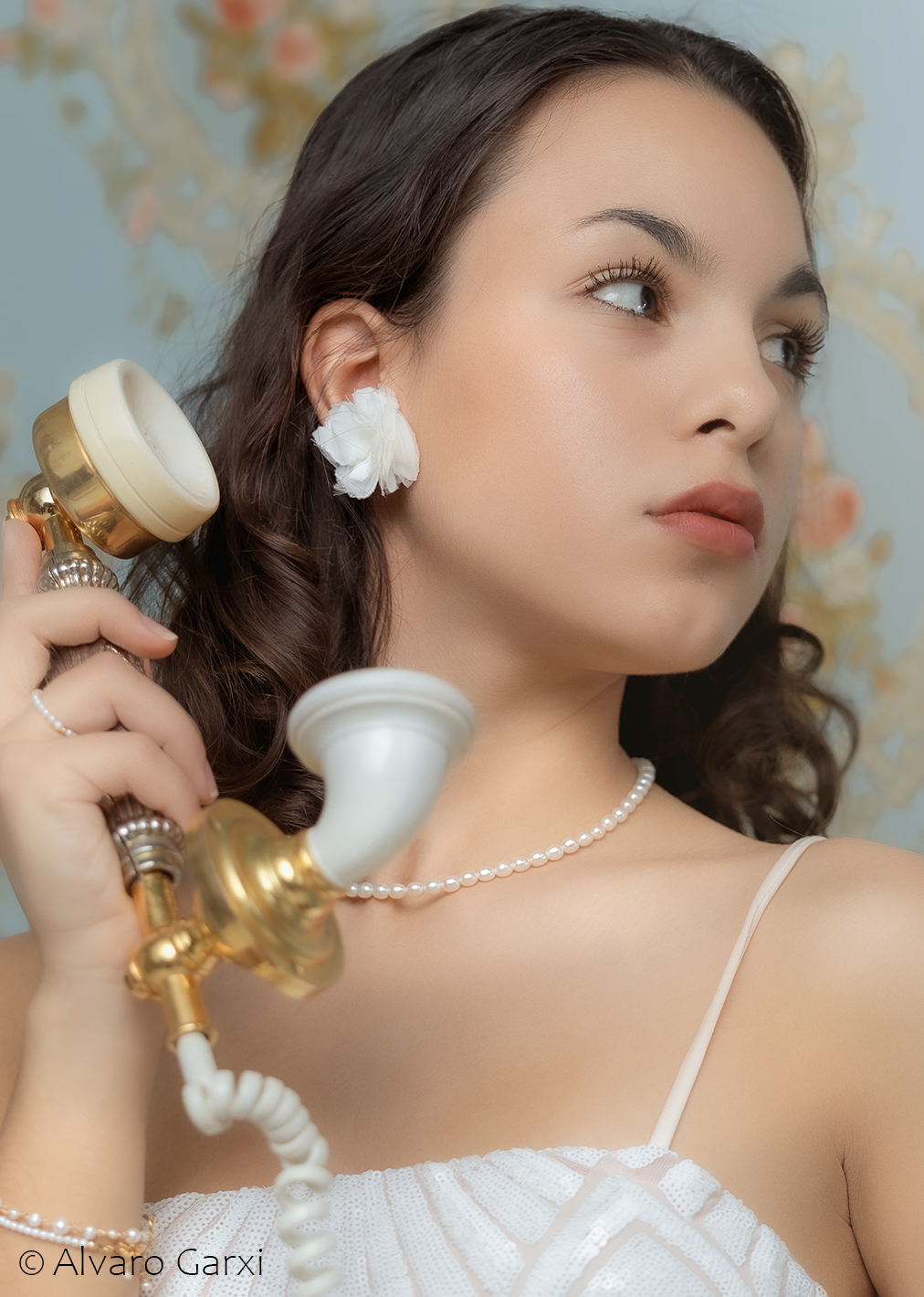Adrielle PM Atelier silk flower stud earrings for brides featuring elegant oval pearls and genuine pearl accents.