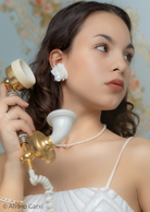 Adrielle PM Atelier silk flower stud earrings for brides featuring elegant oval pearls and genuine pearl accents.